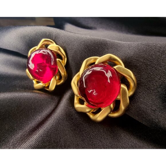 Rare Find Vintage CINER Signed Red Glass Art Deco Gold Tone Clip On Earrings - Picture 5 of 6